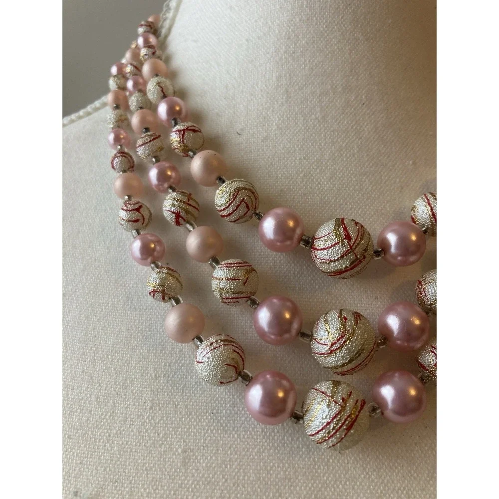 Vintage‎ Multi Strand Necklace Pink Faux Pearl Gold Tone Romantic Collar Choker